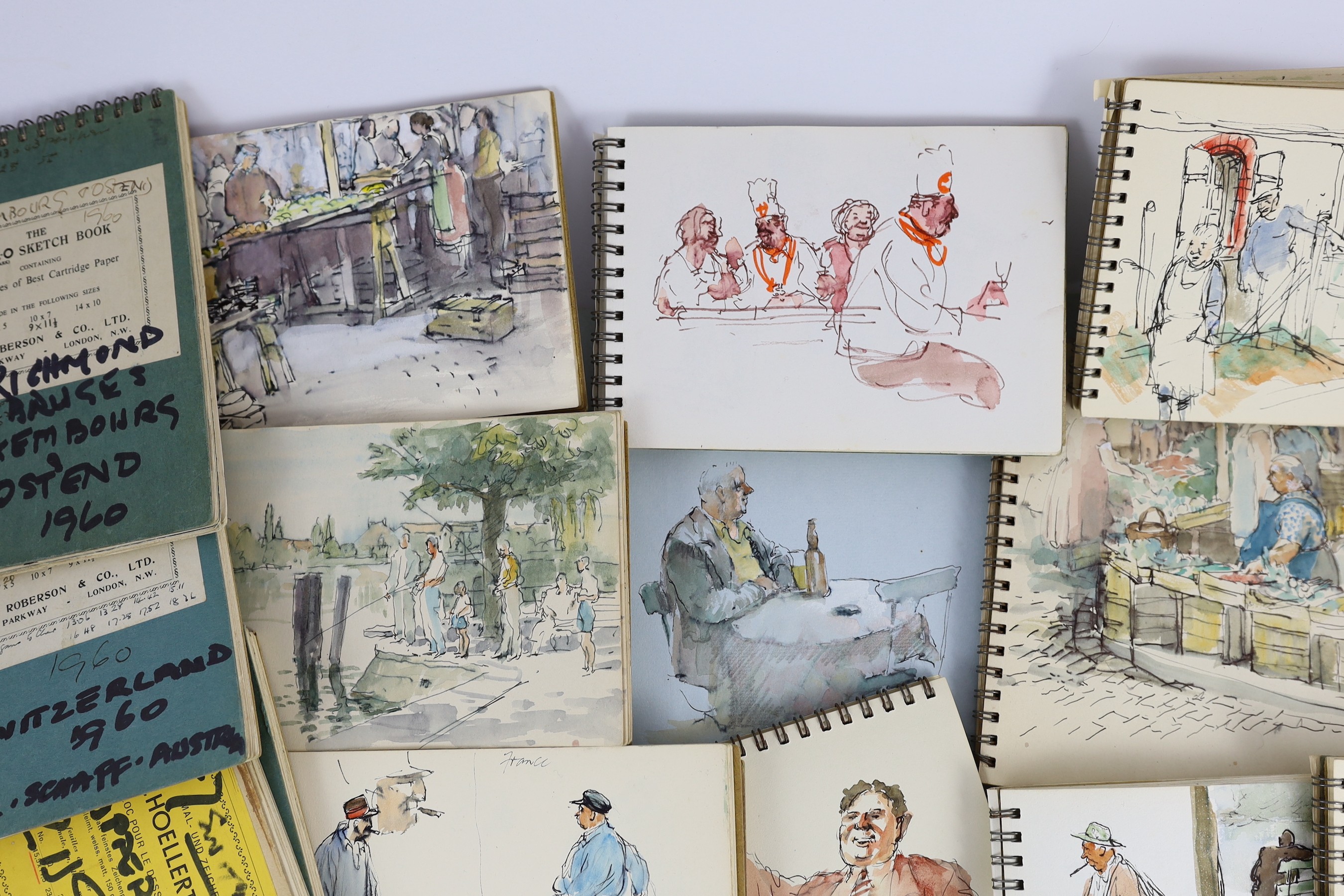 Roland Batchelor RWS, (British 1889-1990), Views of Switzerland, Belgium and Richmond, numerous ink sketches and watercolour studies contained within seventeen sketch books, largest 18 x 25cm